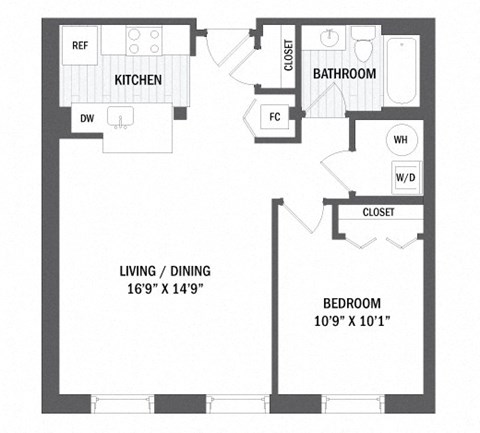 Floor plan for 1 bed, 1 bath, 795 sqft